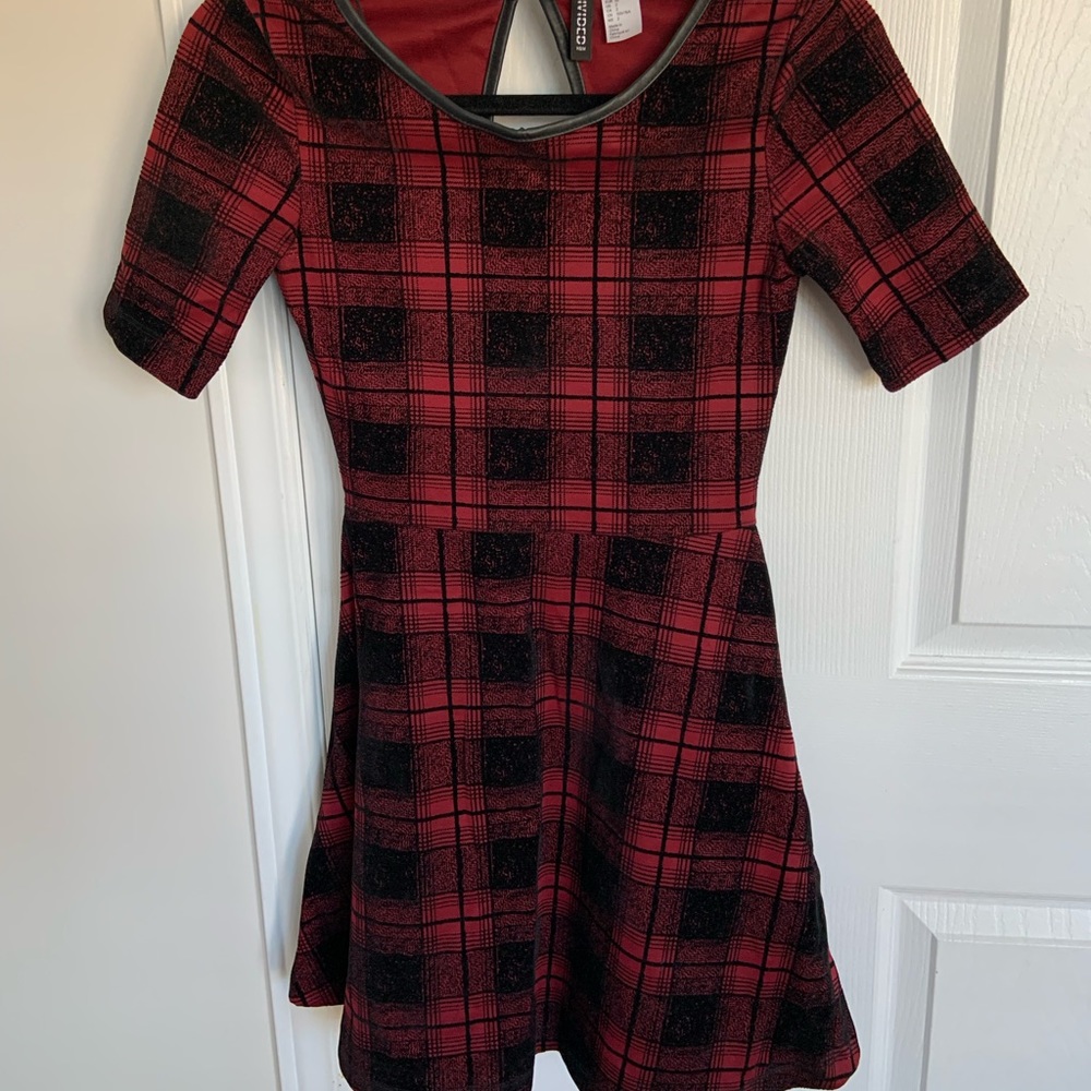 H&M, Red and Black Plaid Velvet Flared Mini Dress, Size: 2